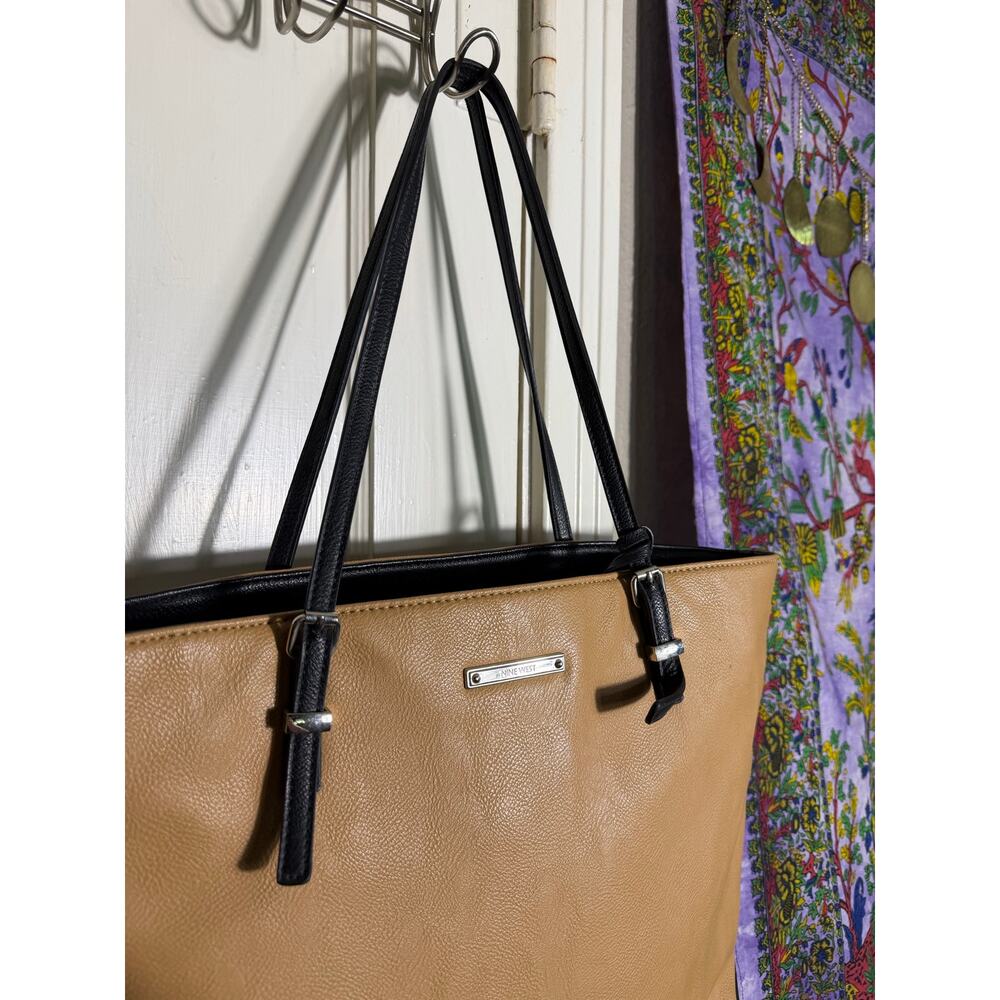 Nine West Large Tan Black Faux Leather Tote Bag Shoulder Purse Work Laptop - Picture 2 of 7